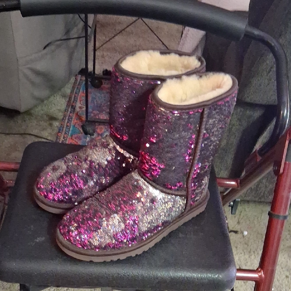 UGG Pink and Black Ankle Boots with Sparkly Finish